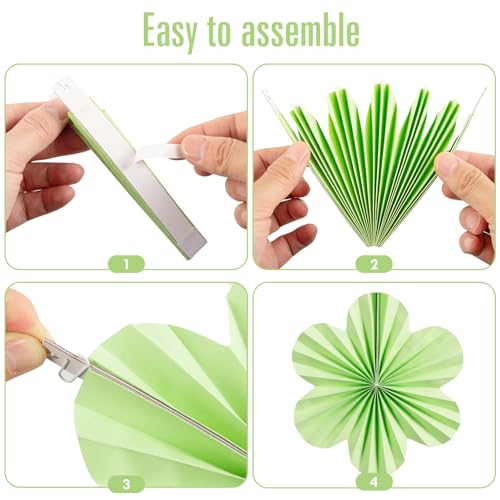 Image of SUNBEAUTY Green Paper Flowers Decorations for Wall, Spring Summer Paper Fans Decor, Classroom Decor Paper Floral Backdrop Paper Flowers Decoration Hanging Paper Fans Green Flower Wall Decor, Set of 9