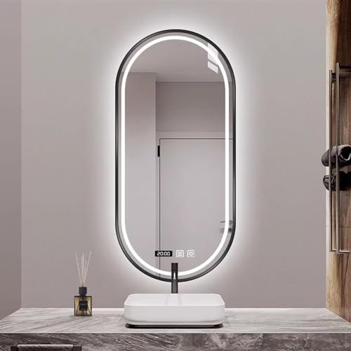 ACHZYFT Espejo De Baño Ovalado con Luz LED,Sensor Táctil Inteligente con Función De Memoria Espejo De Afeitar De Pared,Marcos De Metal,Antivaho,Hora,Luz De 3 Colores,IP44(Size:40cm*60cm,Color:Negro)