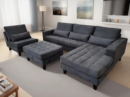 Stendmar 4pc 120' to 152' Living Room/Family Room L Shape Modern Modular Dark Grey Microfiber Sectional Sofa Set Lumbar Support Accent Pillows S6839RDG