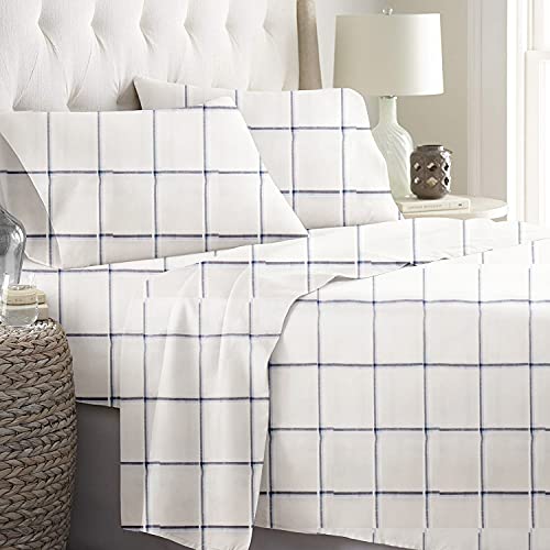 Image of Bedsheet | Bedsheets | Bed Sheet | Casual Bedsheet with 2 Pillow Covers - Navy Blue Check Print Double
