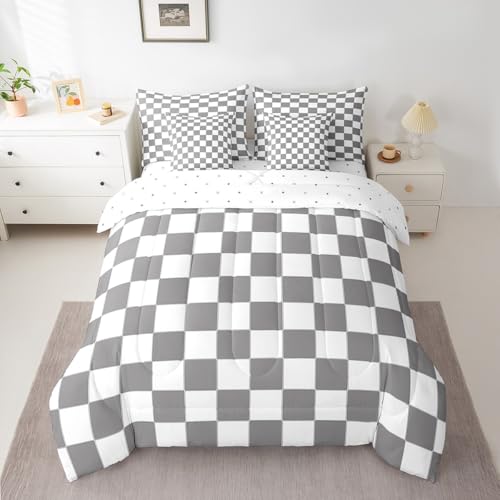 Image of Erosebridal Gray Checkered Full Bed in A Bag 7 Piece White Grey Checkerboard Grid Bedding Set,Geometric Buffalo Plaid Comforter Set with Sheets for Kids Boys Teen Adults Men Gingham Bed Set