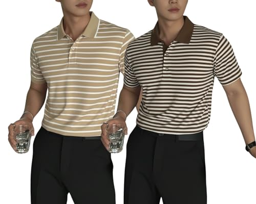 Image of MACK JONNEY Men's Cotton Polo T-Shirt | Regular Fit | Short Sleeve | Striped Casual Wear | Pack of 2 -MJ-1