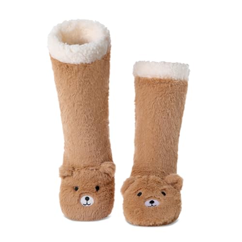 Laahoem Animal Slipper Socks for Girls Women Indoor Shoes With Grippers Winter Warm Thick Plush Lining Non Slip Long Boots Furry Home Socks