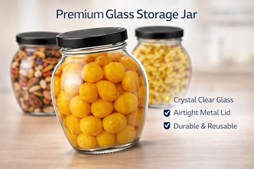 Image of Glass Kitchen Storage Jar Set of 6 (400 ml Each) with Airtight Metal Lid | Kitchen Containers for Spices, Dry Fruits, Pickle & Snacks | Clear Durable Food Grade Glass Jars