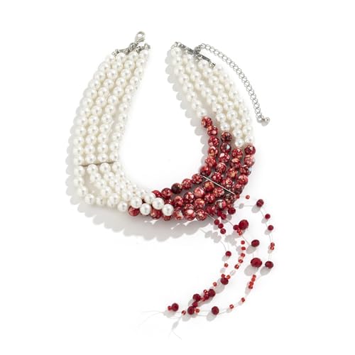 Gothic Halloween Vampire Dripping Blood Bloody Beaded Choker Necklace for Women Bride Layered Vintage Imitation Pearl Tassel Collar Necklace Multilayer Halloween Party Bar Jewelry-A red