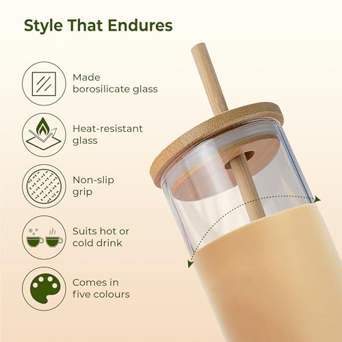 Image of IMECO ECO Sipper Glass Bottle with Bamboo Lid & Straw 450ml | Borosilicate Glass Tumbler | Leakproof & BPA-Free | Reusable, Non-Toxic & Lightweight | Ideal for Milk, Coffee & Tea - Peach