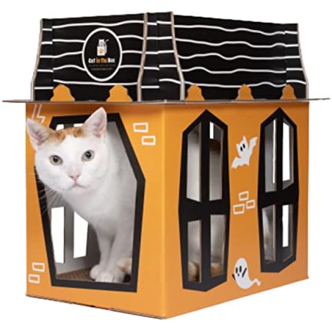 Spooky Cat Haunted House – Halloween Mansion Playhouse for Cats, Kittens, Rabbits & Bunny. Cardboard Box House Condo Cave Furniture Bed Includes Cat Scratcher Cover
