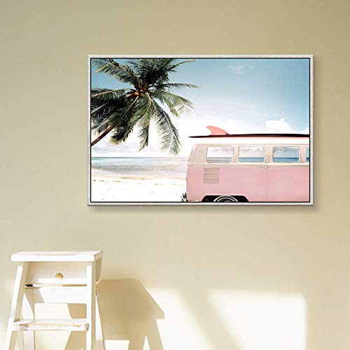 Hardy Gallery Beach Picture Wall Art Framed: Pink Van With Surfboard Artwork Coastal Palm Painting Print On Canvas Rustic Framed For Living Room #TOP3