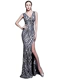 OYISHA Women's Long Sequin Mermaid Prom Dresses Sexy V-Neck Slit Evening Party Ball Gowns Silver 18W