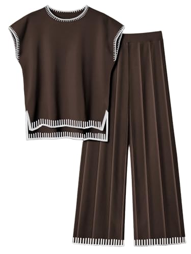 Image of Ekouaer Womens Matching Sets Knit Sweater Sets 2 Pieces Lounge Set | Pullover Tops Wide Legs Pants Casual Outfits