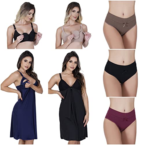 Kit 2 Camisola amamentação abertura na alça +2 sutiã amamentação +3 calcinha cós pós parto (M (42/44