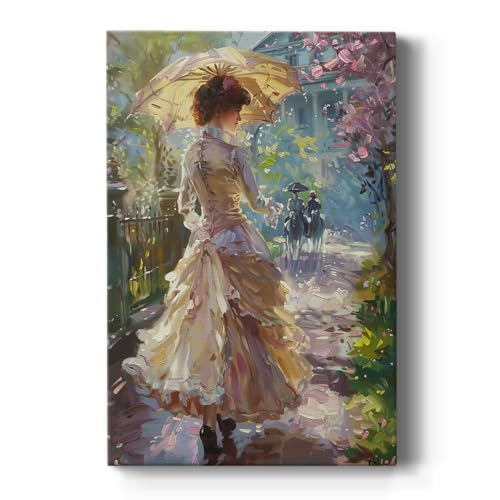 Renditions Gallery Wall Art Paintings for Lounge Woman in White Dress & Umbrella Men Riding Horse Street Trees Canvas Artwork Prints for Bedroom Kitchen - 8" X 12" LT563