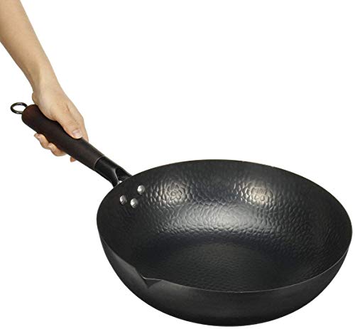 SMSOM Chino 100% Mano Martillado Woks Stir Fry Pans, No Stick, Sin Recubrimiento, Menos Aceite, 12.5 pulgadas, Artesanía Resistente, Negro