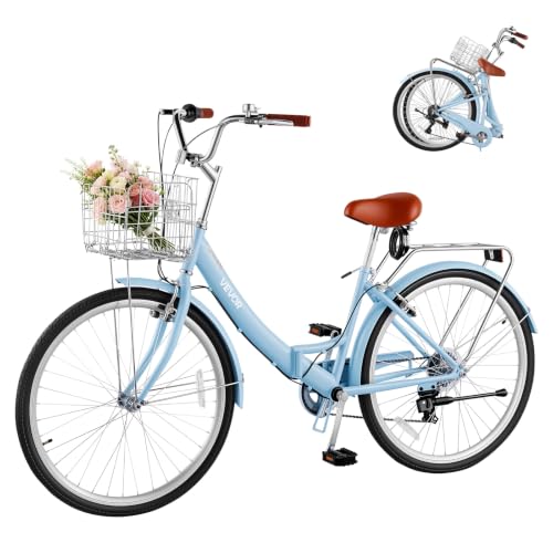 VEVOR Bicicleta Cruiser Plegable 26 Pulgadas, 7 Velocidades, Azul Claro