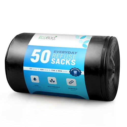 EcoBag - Extra Strong Heavy Duty Refuse Sacks - Recyclable Bin Bags, Leak Resistant, Eco-Friendly, Durable Waste Disposal Bags for Household & Commercial Use, 30 Micron (Μm) /100l