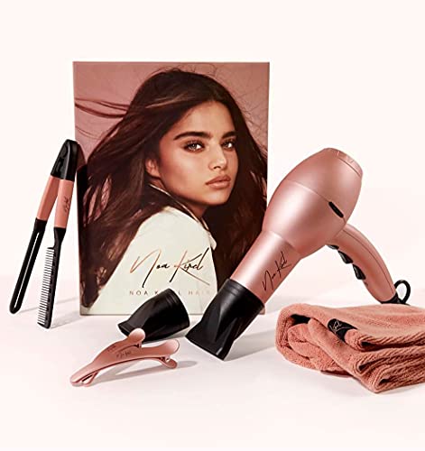 Noa Kirel Beauty Blown Away Set - Ceramic Tourmaline Hair Dryer with Nozzles - Far Infrared Heat and Negative Ion Conditioning - Wonder Towel, Comb and Clips Set