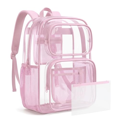 mommore Clear Backpack Set for School Large Heavy Duty Transparent Bookbag with Pencil Bag for Boys Girls 17 inch See Through PVC Plastic Backpack with DIY Patches for College Work Casual