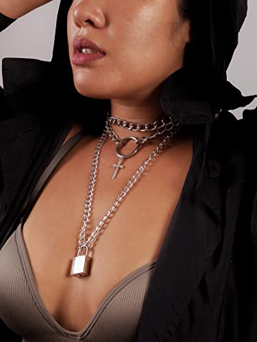 Sacina Gothic Punk Grunge Layered Cross Lock Choker Collar Necklace, PU Leather Collar, Goth Jewelry, Halloween Christmas Jewelry Gift for Women3