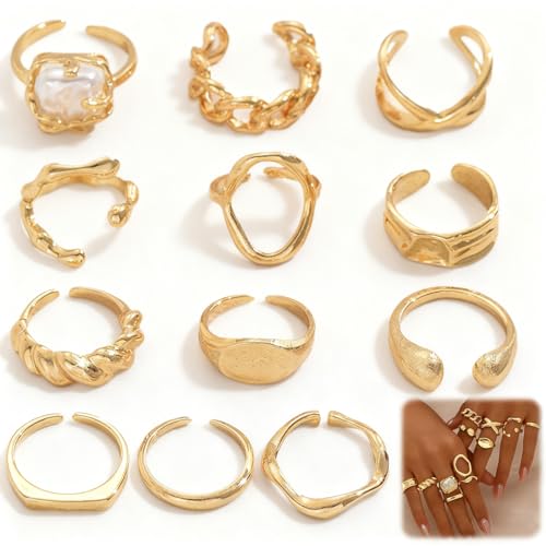 LIUYIDM 12 Stück Offene Verstellbarer Ring Boho Freundschaftsringe Stapelbare Mode Vintage Knuckle Ring Modeschmuck Gold Ringe Damen, Geeignet für Frauen und Mädchen, Geburtstagsgeschenke