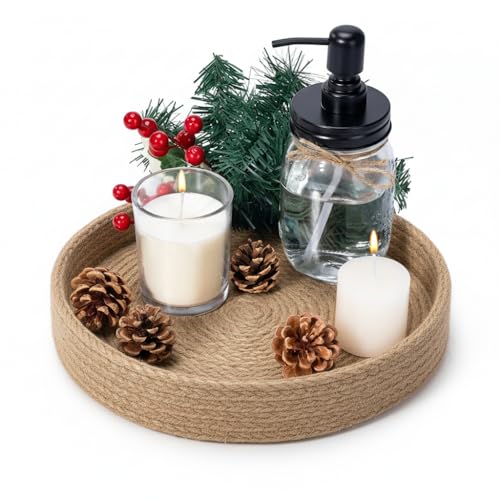 Image of BOBBINY Decorative Round Rope Tray for Decor - Rope Tray for Kitchen Dining Room Table - The Perfect Small Candle Serving Tray for Coffee Table and Home Decor (Brown, 10x10 Inch (Pack of 1))