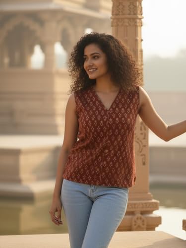 Image of Varanga Women Buti Printed Cotton Top | Sleeveless V-Neck | Bohemian Style | Lightweight & Breathable | Effortless Everyday Casual Wear