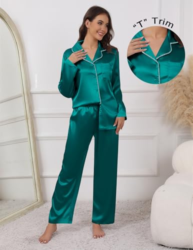 Image of Ekouaer Pajamas For Women Set Silk Pjs 2 Piece Satin Sleepwear Long Sleeve Button Down Lounge Sets With Pant