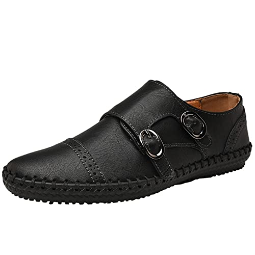 Men's Loafers Genuine Leather Cap Toe Stitching Details Round Toe Monk Strap Comfortable Flat Heel Flexible Anti-Slip Party Walking Slip On