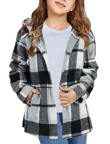 Girls Flannel Plaid Button Down Top with Pockets Long Sleeve Hooded Jackets Length Below Hip Circumference