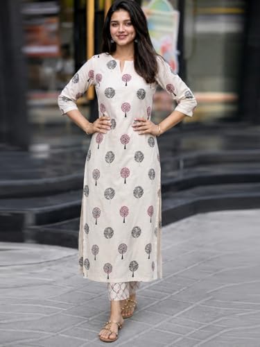 Image of GoSriKi Co-ord Set Women Viscose Printed | Kurti Set Woman | Kurta Pant 2 Piece Outfit | Round Neck V Slit 3 /4 Sleeve Regular Fit Ethnic Wear Ladies Dress Stylish Traditional Clothing
