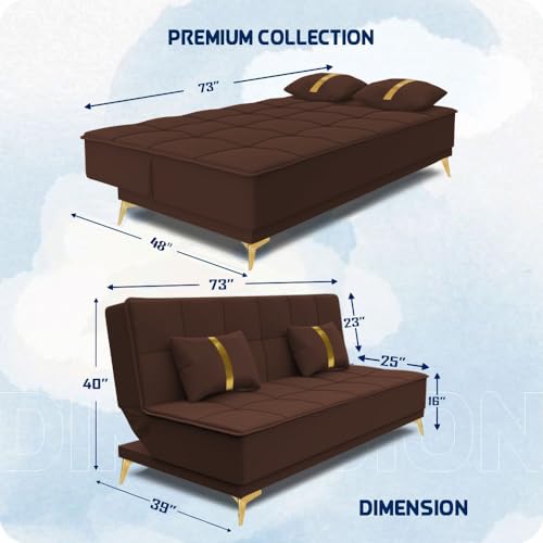 Image of Adorn India Premium New Alyssum 3 Seater Sofa Cum Bed 4X6 Velvet Suede with 2 Cushions (Color Brown) and Suitable for All Indoor, with 3 Years Warranty