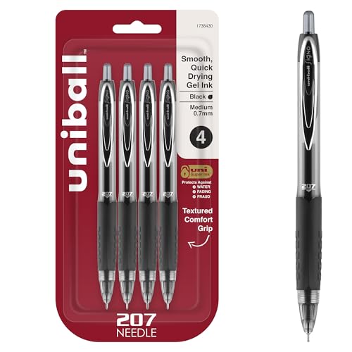 Image of uniball 207 Needle Retractable Gel Pens, Medium Point (0.7mm), Black, 4 Pack