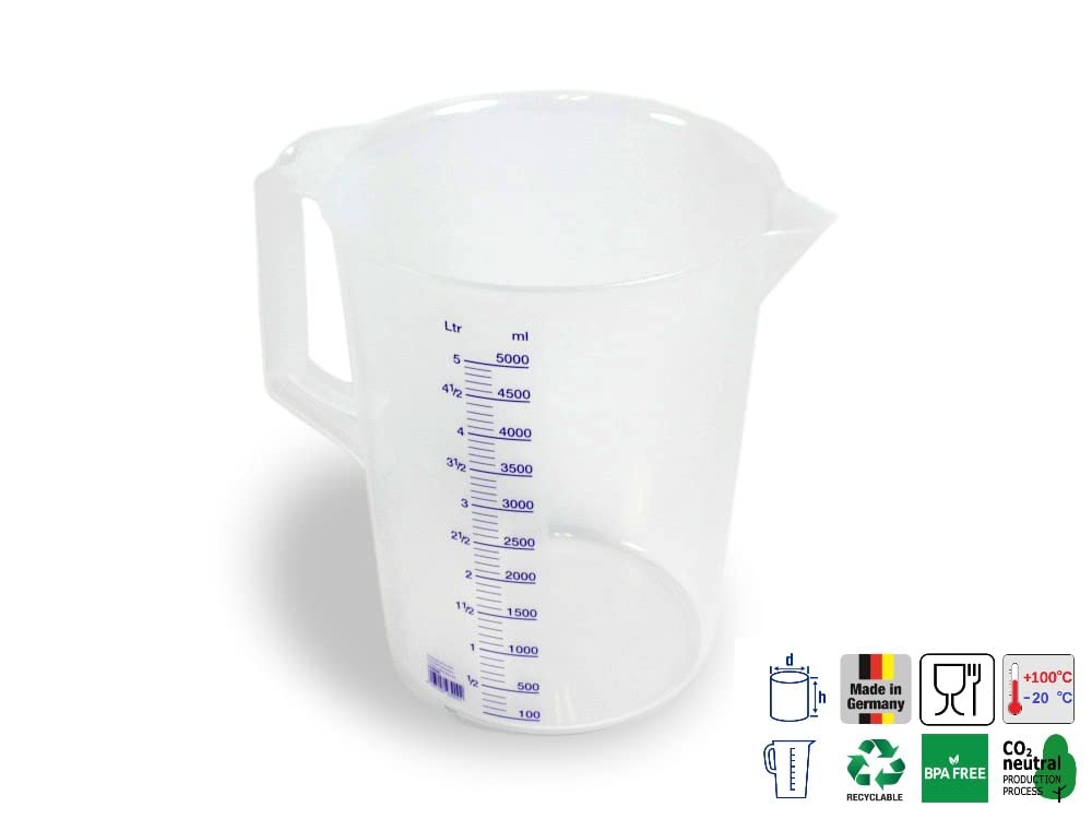 Set di 5 misurini con manico in plastica polipropilene trasparente, 5000 ml, 5 l, 5 litri, per lavoro, tempo libero, officina, resistente agli alimenti, lavabile in lavastoviglie, microonde e