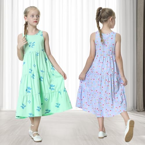 UNACOO Kids Girls 100% Cotton 1 or 2 Packs Sleeveless Long Maxi Tiered Dress (Age 3-12 Years)2