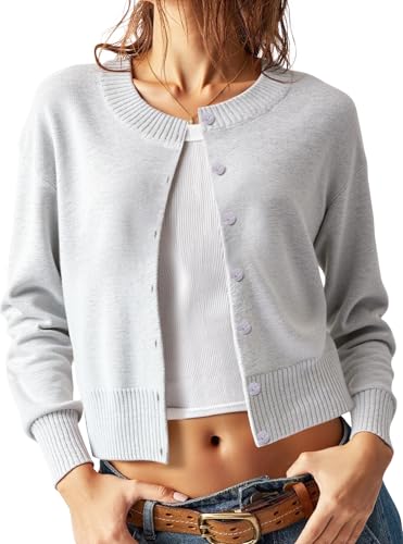 Women's Cropped Knit Cardigan Sweater – Button Down Long Sleeve Slim Fit Gray Fall Layering Top2