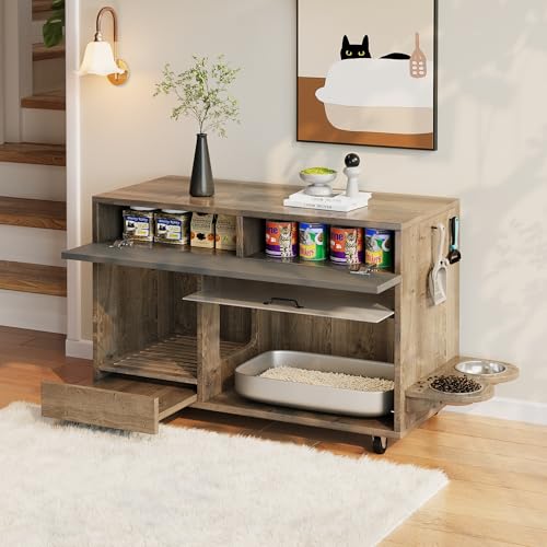 Armadietto mobile per gatti, con ciotola per gatti e piastra di scarico, con foro per ganci, 100 x 45,5 x 67 cm (rovere)