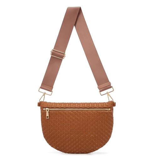 Image of Woven Crossbody Bags For Women, Checkered PU Waist Pack Travel Sling Bag | Adjustable Strap for Travel, Festivals, Beach Vacations, Dating & Daily Shopping (Brown)