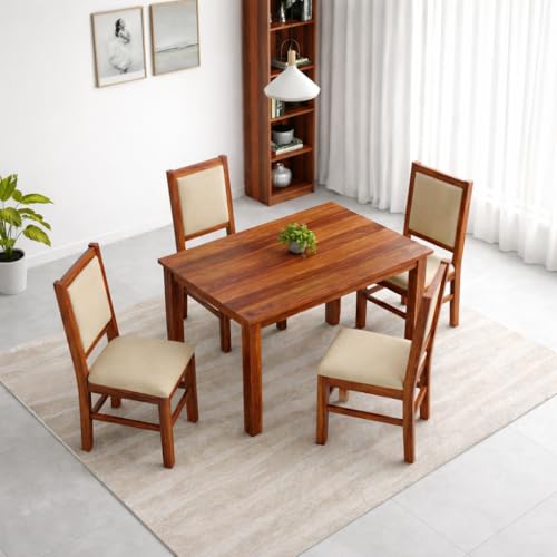 Image of SONA ART & CRAFTS Cresta Solid Sheesham Wood Dining Table Set of 4 Seater Dinner Dinning Table with 4 Cushion Chair Dining Furniture for Living Room Home Hotel Office Self Assembly (Natural Finish)