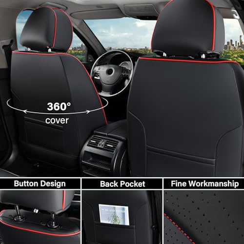 Image of Coverado Car Seat Covers Full Set, Leather Seat Covers for Car, Waterproof Seat Covers, Automotive Seat Cushions, Breathable Car Seat Protector Universal for Most Sedans, Trucks, SUV (Black &Red Line)