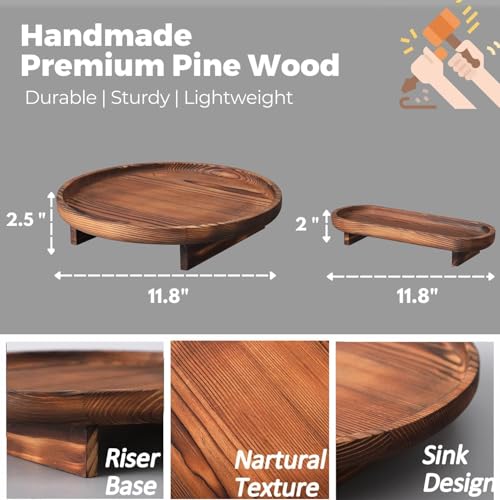 Image of Round Wooden Decorative Tray, 2 Pcs for Coffee Table, Bathroom Vanity Kitchen Counter Tray, Rustic Wood Decor, Round Serving (Walnut)