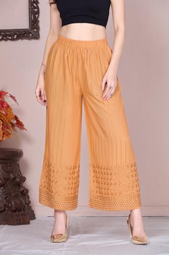 Image of VIVIKA Chikankari Palazzo Pants for Women |Rayon Wide Leg Ethnic Palazo with Embroidery | Comfortable Elastic Waist Women's Palazzo for Casual, Festive & Office Wear