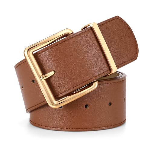 WERFORU Women Wide Belt for Dresses Thick Leather Belt with Big Gold Buckle Fahion Women Chunky Belt Brown
