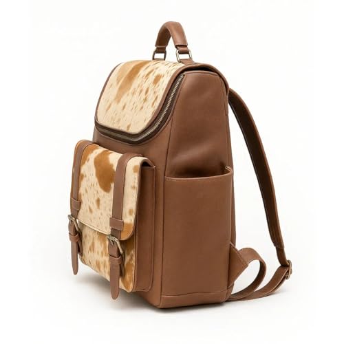 Trahide – Backpack Cowhide Hair-On Light Brown & Brown Leather Pockets | 14” x 13” Inches – Pick yours - Option 23