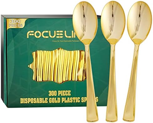 FOCUSLINE 300 Pack 6.8 Disposable Gold Plastic Spoons. Solid and Durable Plastic Cutlery Spoons....