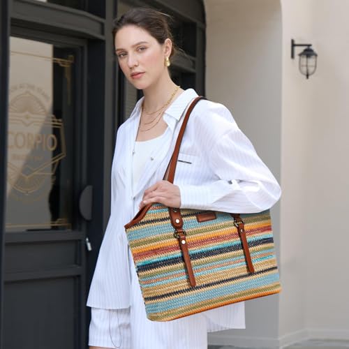 Image of Tote Bag for Women,Large Capacity Straw&Vegan Leather Tote Purses for Women,Shoulder Bags For Daily Travel Work Beach