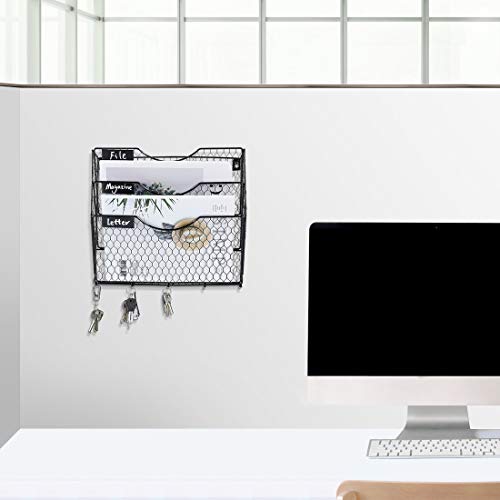 Superbpag Hanging Mail Sorter Organizer 3-Tier Metal Chicken Wire Wall Mount Magazine Literature Rack With Key Holder, Black #TOP2