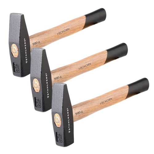 Lot de 3 marteaux de serrurier de 500 g avec tête robuste en acier forgé. Poids bien équilibré, poignée ergonomique en bois de hickory très résistant, incassable et durable