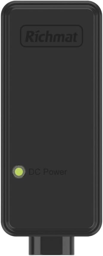 Ön view of the Richmat power supply adapter with a green DC Power indicator light