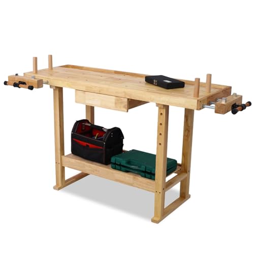 55' Rubber Wood Workbench, Heavy Duty Work Bench with Drawer& Shelf, Work Bench Table for Garage, Workshop, Home Storage, Woodworking Bench, 330 lbs Weight Capacity (55 Natural)