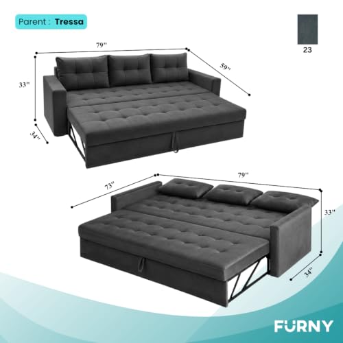 Image of FURNY Tressa 3 Seater Fabric Pull-Out Sofa Cum Bed Function (Dark Gray) | Luxury Velvet Suede Finish | Durable Comfort Sofa Bed for Modern Living Room & Office Spaces