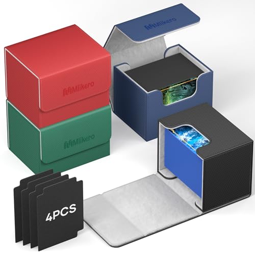 Mlikero 4 Pack Card Deck Box, Commander Deck Box Holds 400+ Double-Sleeved Cards with 4 Dividers, Leather Magnetic Closure Card Box Fit for MTG, TCG (4 Colors)